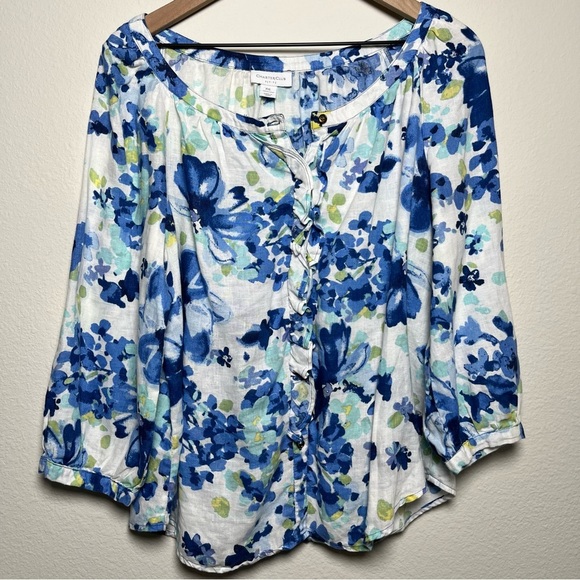 Charter's Club Women 100% Linen Top‎ Large Petite Floral Coastal Summer Resort - Picture 1 of 9